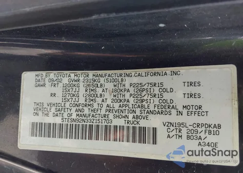 2003 Toyota Tacoma Prerunner V6 z USA, uszkodzony, nr VIN 5TESN92N33Z151703